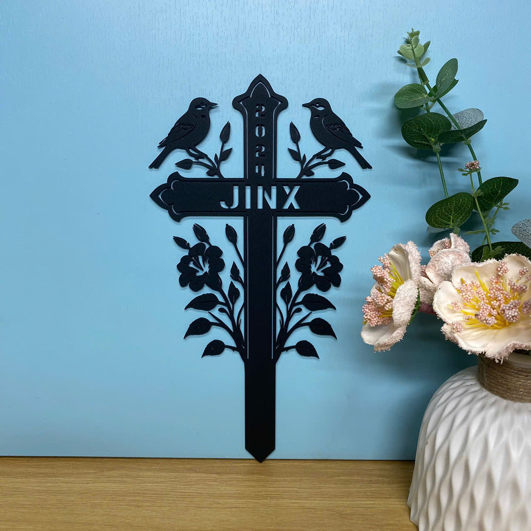 Personalized Floral Cross With Birds Memorial Stake, Loss Of Loved One Sympathy Sign, Memorial Cross Plaque With Stake, Metal Cross Remembrance Stake