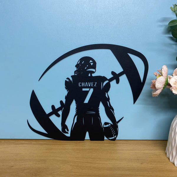 Custom American Football Metal Wall Hanging Art, Personalized Football Player Metal Name Sign, Football Sport Kids Room Metal Sign Wall Decor