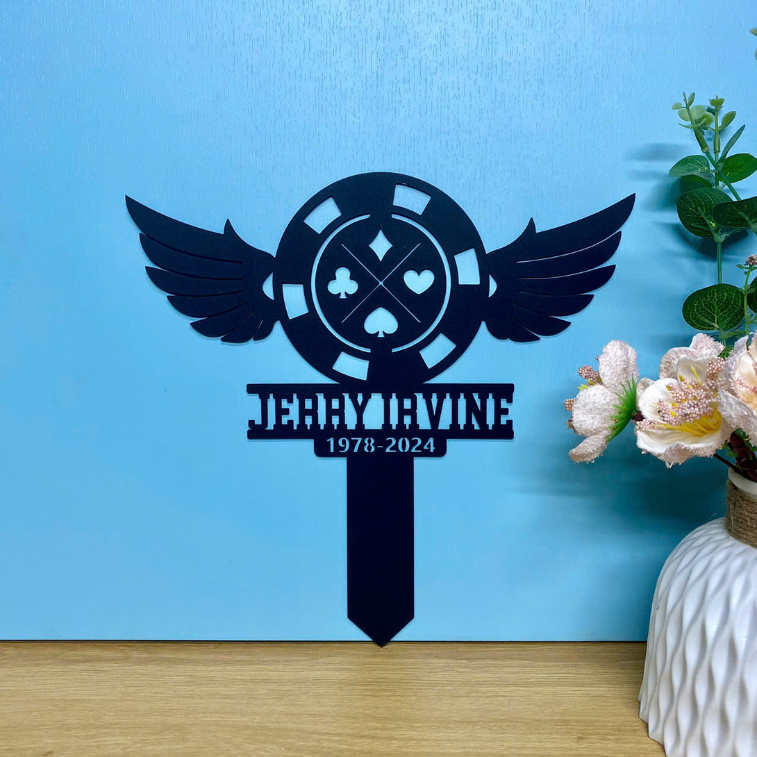Personalized Poker Chips With Wings Memorial Stake, Dad Loss Metal Grave Marker Cemetery Decor, Custom Poker Chip Coin Metal Stake Yard Decor.