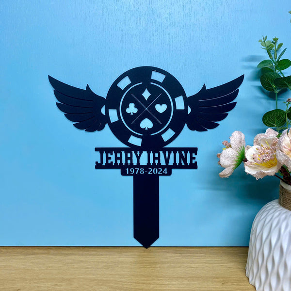 Personalized Poker Chips With Wings Memorial Stake, Dad Loss Metal Grave Marker Cemetery Decor, Custom Poker Chip Coin Metal Stake Yard Decor.