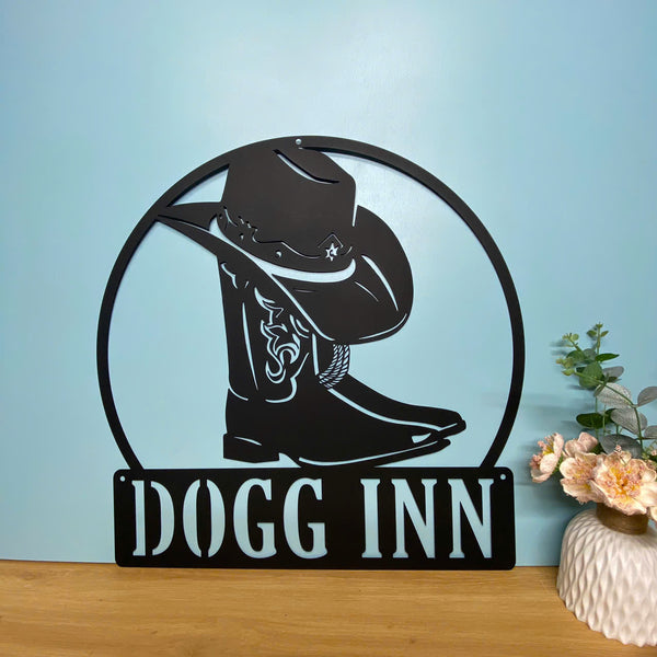 Custom Cowboy Metal Wall Art With Name, Cowboy Hat And Boots Metal Sign, Personalized Western Cowboy Metal Sign Wall Decor