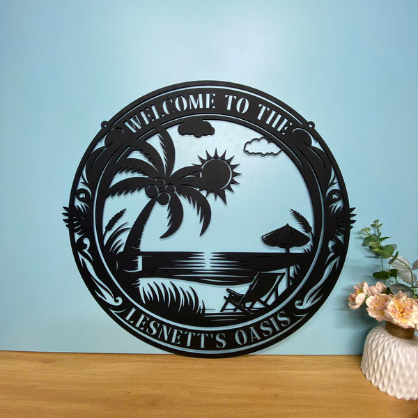Personalized Oasis Sunset Beach House Monogram Metal Sign, Custom Tropical Beach Oasis Metal Wall Sign, Summer Beach House Sign Metal Outdoor Decor
