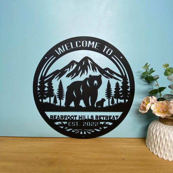 Personalized Bear Forest Cabin Metal Wall Sign, Custom Family Name Bear Metal Decor, Custom Mountain Bear Metal Name Sign, Bear Man Cave Metal Sign