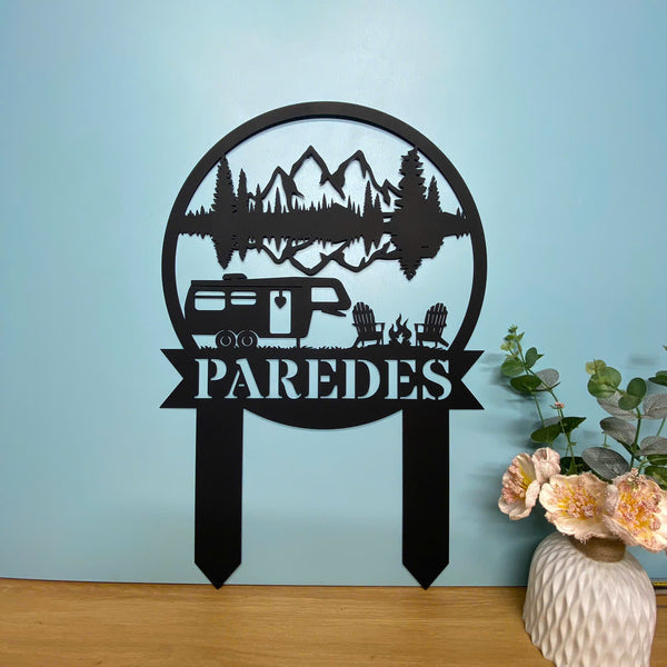 Custom Happy Camper Rv Metal Sign With Stake, Personalized Family Name Campsite Metal Stake, Lake House Camping Sign Decor, Great Outdoor Camping Sign