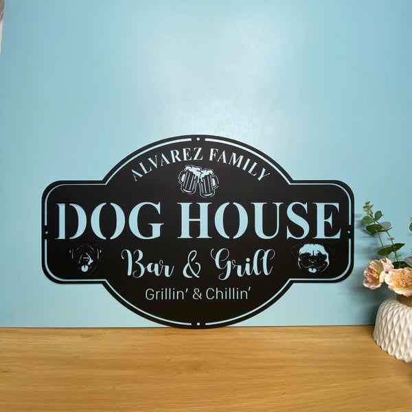 Personalized Dog House Bar & Grill Metal Wall Art, Custom Family Name Poolside Bar Patio Metal Wall Hanging, Backyard Bar & Grill Metal Outdoor Decor