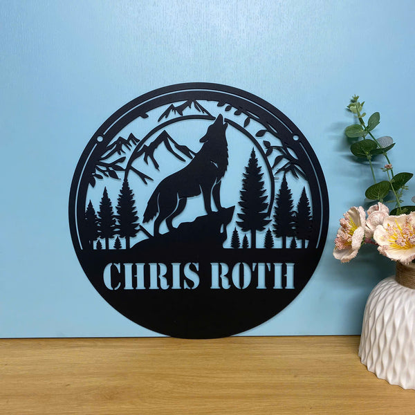 Personalized Howling Wolf Mountain Ranch Metal Sign, Custom Name Howling Wolf In Forest Metal Wall Decor, Wildlife Forest Creek Ranch Metal Wall Art