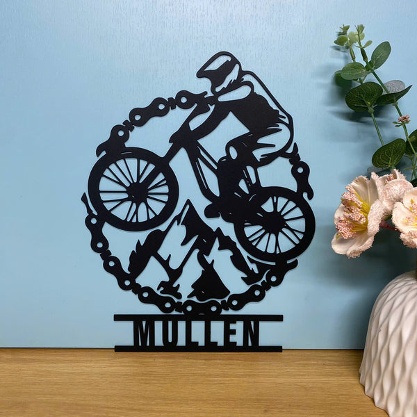 Custom Mountain Biking Metal Wall Art, Personalized Biker Metal Name Sign, Mountain Bicycle Metal Wall Hanging, Mountain Cyclist Metal Sign