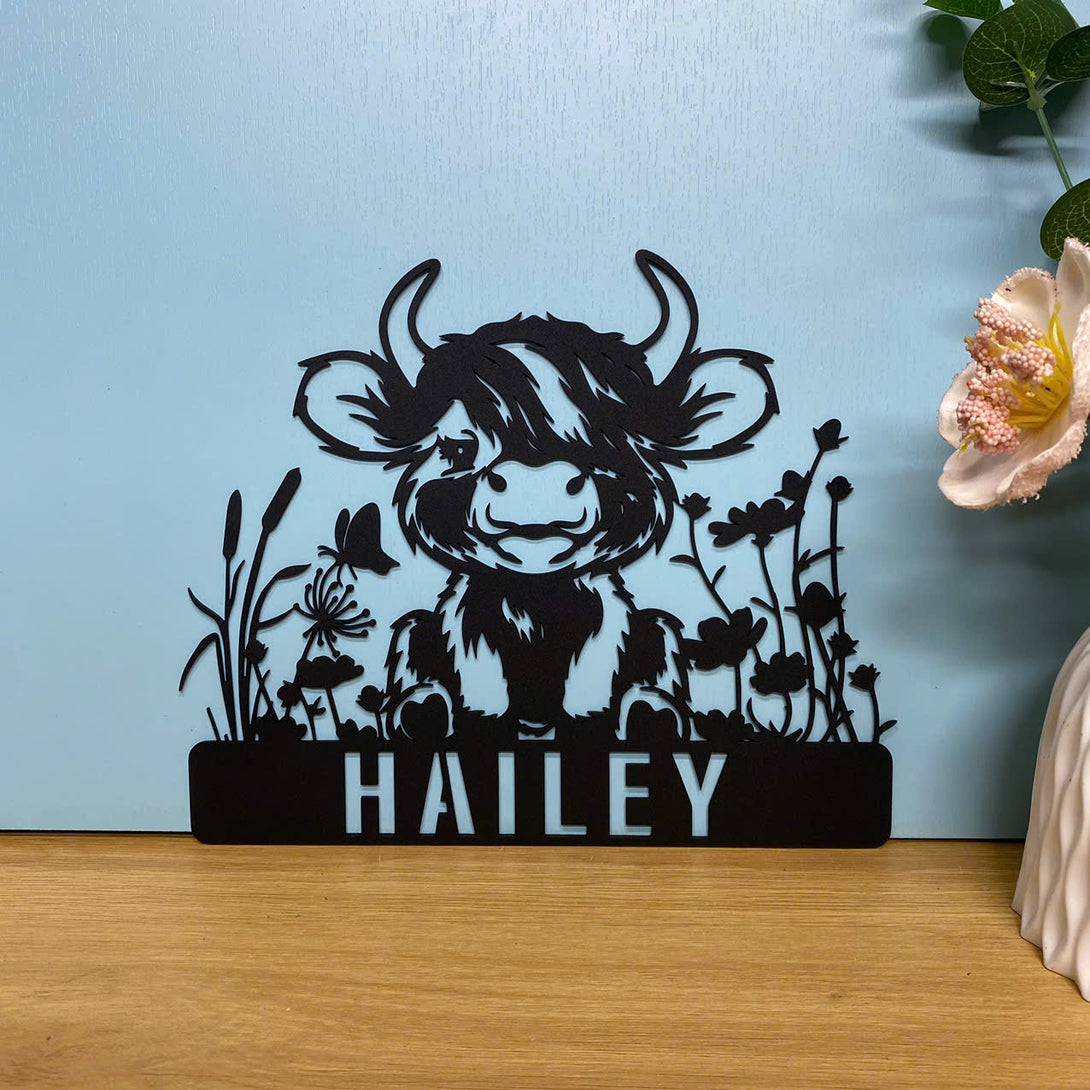 Custom Baby Highland Cow Farmhouse Metal Wall Art, Personalized Heifer Metal Farm Name Sign, Cow With Flowers Metal Sign, Metal Cattle Cow Barn Sign