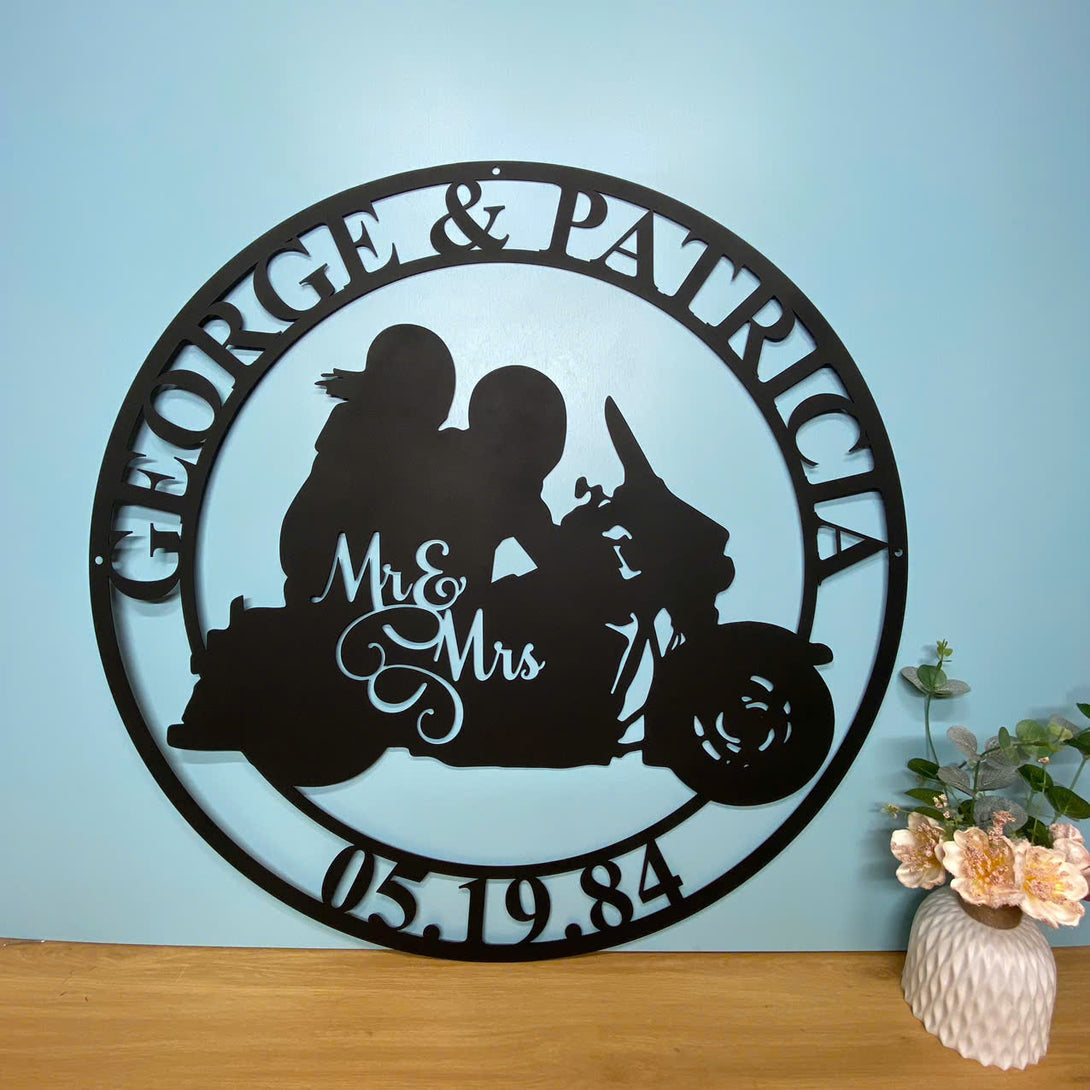 Custom Couple Motorcycle Monogram Metal Wall Art, Personalized Couple Biker Metal Name Sign, Motorcycle Mr And Mrs Wedding Anniversary Metal Decor
