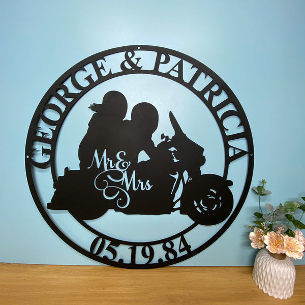 Custom Couple Motorcycle Monogram Metal Wall Art, Personalized Couple Biker Metal Name Sign, Motorcycle Mr And Mrs Wedding Anniversary Metal Decor