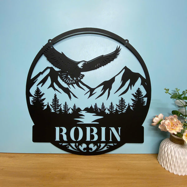 Custom Mountain Forest Eagle Metal Name Sign, Outdoor Eagle Monogram Metal Wall Art, Wild Eagle Front Door Cabin Metal Sign, Eagle Housewarming Sign