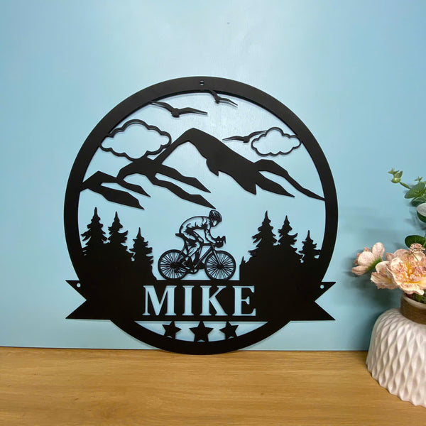 Personalized Mountain Bike Metal Sign With Name, Forest Mountain Cycling Metal Wall Art, Custom Mountain Bikers Name Sign, Cycling Metal Cabin Decor