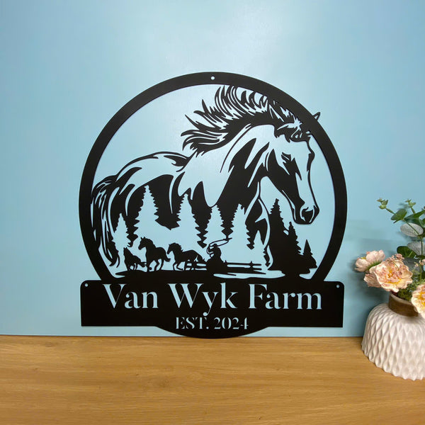 Custom Wild Horses Metal Wall Art, Personalized Horse Ranch Metal Name Sign, Running Horse Metal Sign, Metal Horses Farmhouse Sign
