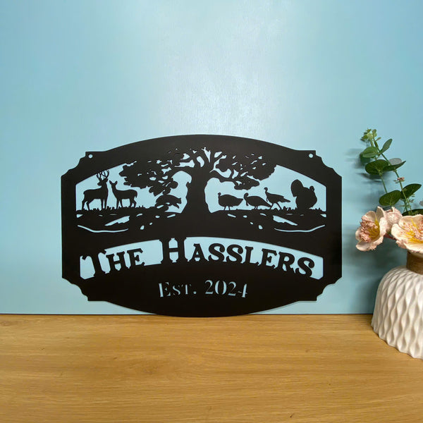 Personalized Farmhouse Metal Entrance Sign, Custom Wild Animal Metal Farm Sign, Hunting Cabin Metal Sign With Family Name, Custom Metal Wildlife Sign
