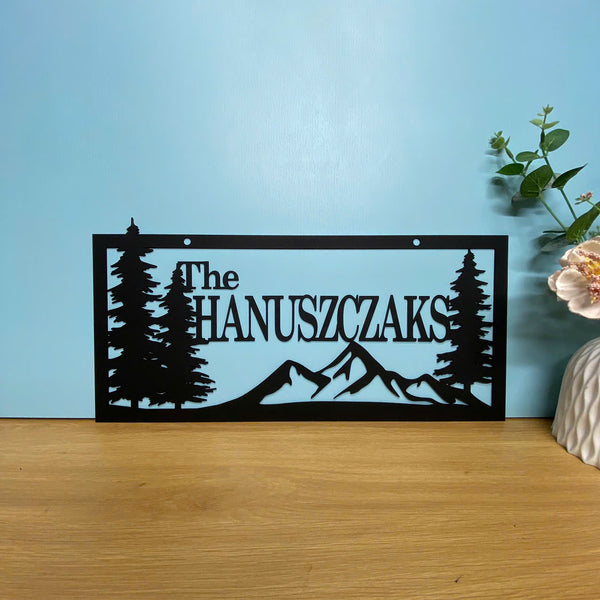 Custom Family Name Mountain Pine Tree Metal Sign, Personalized Last Name Metal Cut Sign, Mountain Forest Metal Wall Art, Cabin Metal Wall Sign Decor