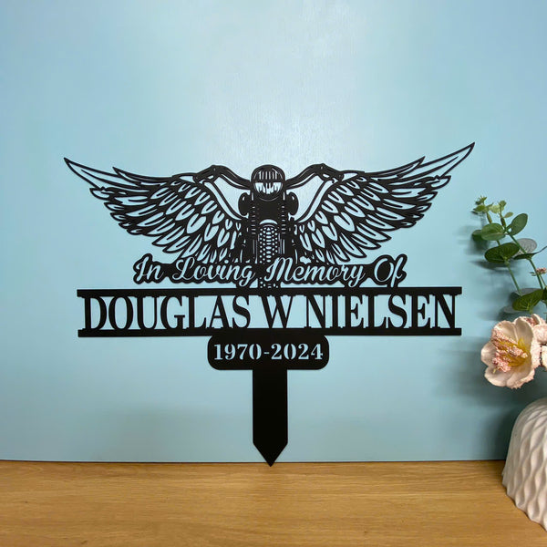 Custom Motorcycle With Wings Metal Garden Stake, In Loving Memory Biker Memorial Metal Stake, Motorcycle Grave Marker, Biker Remembrance Metal Stakes