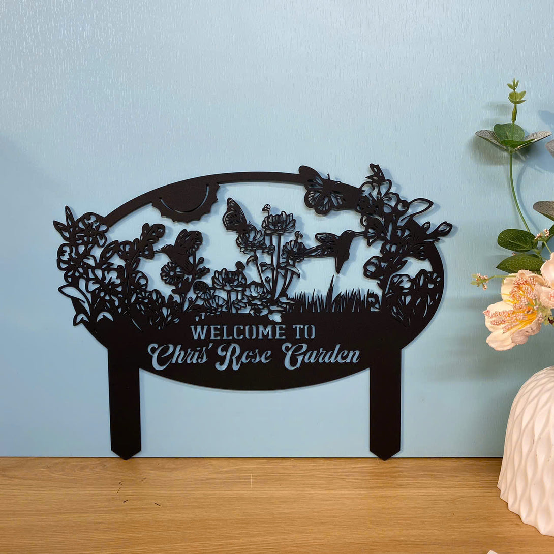 Custom Flowers Garden Metal Sign With Stake, Butterfly And Bird With Flowers Metal Yard Sign, Flower Bed Sign Outdoor Decor, Metal Stake Garden Decor