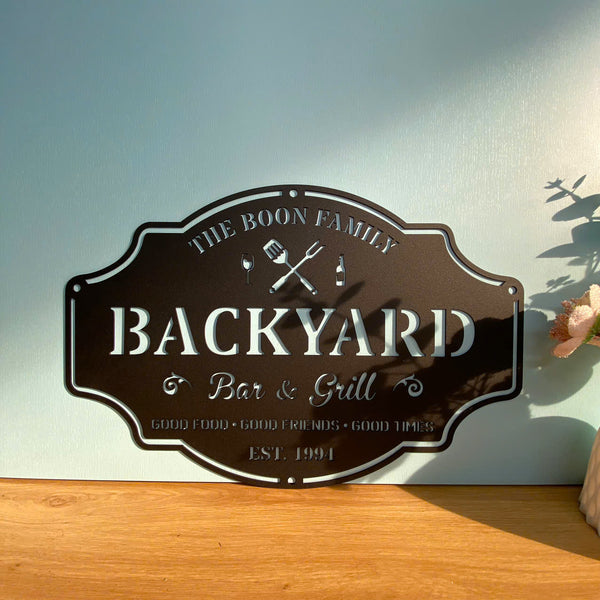 Personalized Backyard Bar & Grill Metal Sign, Custom Family Name Drinks Bar Metal Wall Art, Poolside Bar Metal Wall Decor, Bbq Backyard Metal Sign