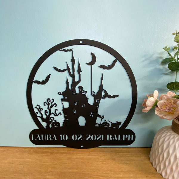 Personalize Halloween Haunted Castle Metal Wall Art, Custom Family Name Haunted House Monogram Metal Sign, Spooky Halloween Metal Wall Hanging Decor