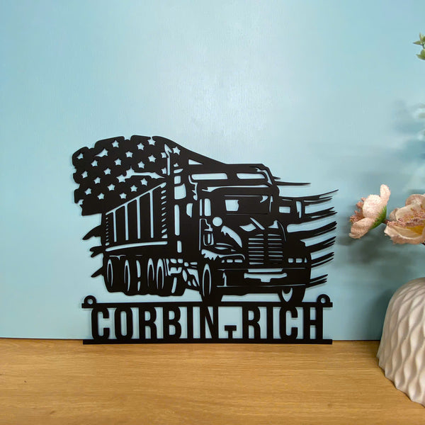 Custom Us Flag Dump Truck Metal Wall Art, Personalized Dump Truck Driver Metal Sign, Trucker Metal Name Sign, Us Dump Truck Metal Garage Wall Sign