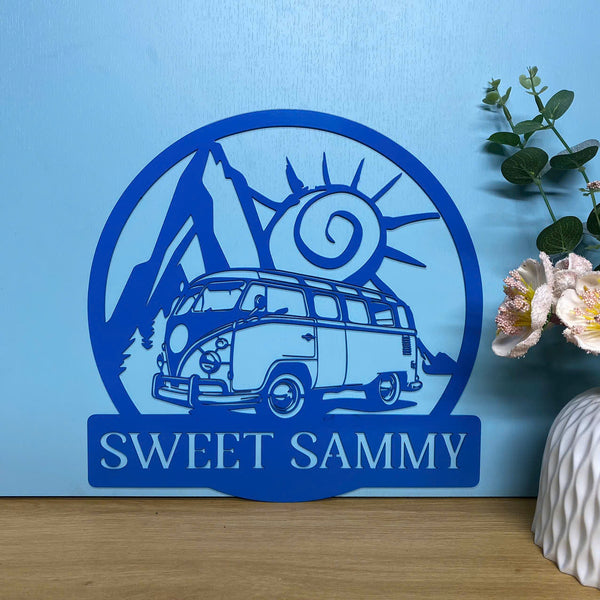 Custom Happy Camper Van Metal Wall Art, Personalized Hippie Bus Van Metal Name Sign, Mountain Camping Metal Sign, Campsite Outdoor Metal Wall Hanging