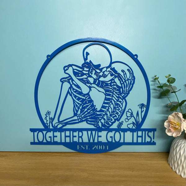 Personalized Couple Skeleton Metal Wall Art, Custom Skeleton Lovers Metal Name Sign, Skeleton Couple Kissing Metal Art, Sugar Skull Metal Wall Sign