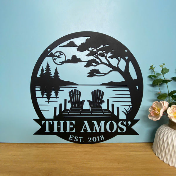 Personalized Family Name Lake House Metal Wall Hanging, Custom Lake Scene Monogram Metal Sign, Cabin Lakeside Metal Decor, Lakehouse Camping Metal Art