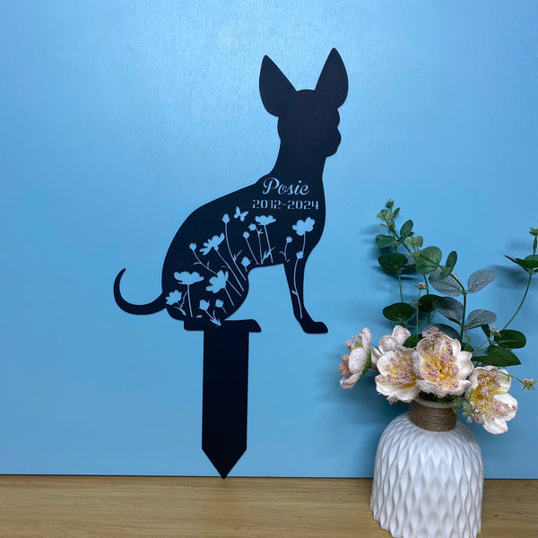 Personalized Floral Chihuahua Dog Memorial Garden Stake, Custom Dog Memorial Metal Grave Marker, Pet Loss Remembrance Stake, Dog Lover Metal Yard Sign