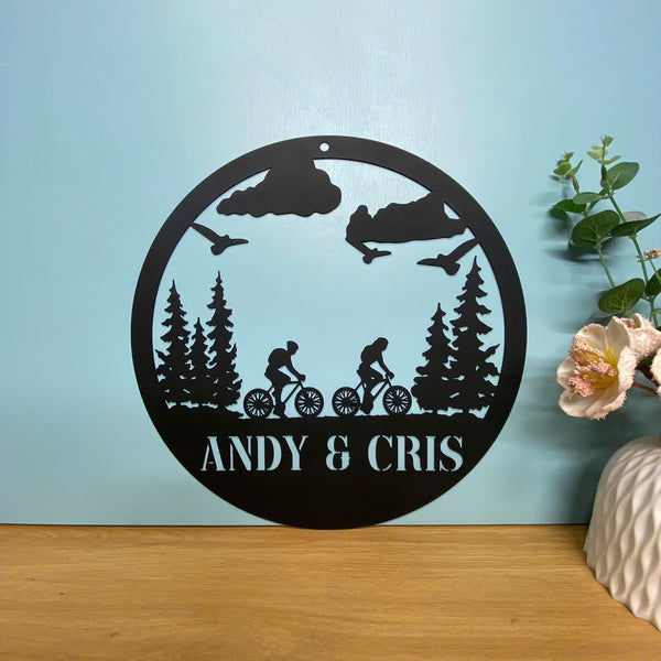 Personalized Mountain Biking Metal Sign, Custom Couple Bikers Metal Name Sign, Outdoor Cycling Metal Wall Art, Mountain Bike Metal Wall Sign Decor