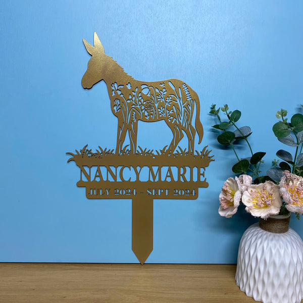 Custom Donkey Memorial Metal Stake, Donkey Loss Remembrance Sign Grave Marker, Pet Loss Metal Yard Sign With Stake, Floral Donkey Metal Garden Stake