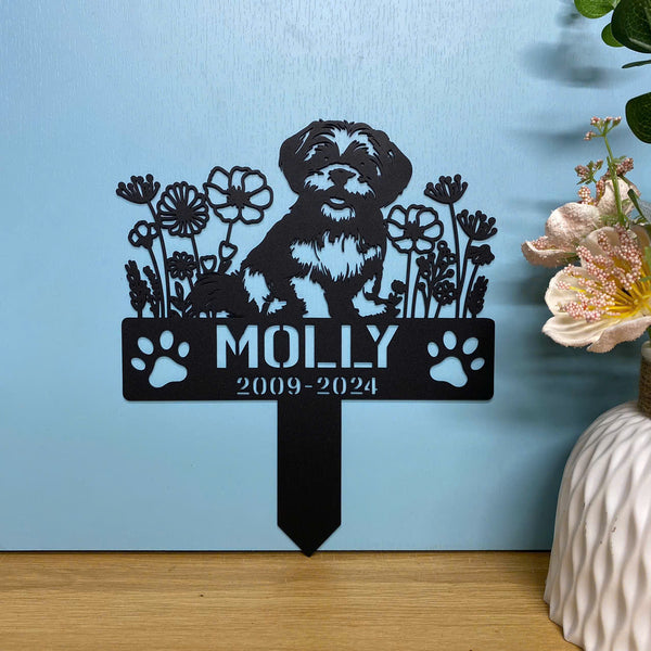 Custom Shih Tzu Memorial Metal Garden Stake, Dog Loss Metal Grave Marker, Personalized Dog With Flower Memorial Stake, Dog Sympathy Metal Yard Sign