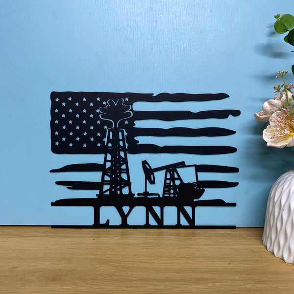 Personalized Us Flag Oil Rig Metal Wall Sign, Oil Field Monogram Metal Wall Art, Oil Field Company Metal Name Sign, Oil Rig Derrickhand Metal Sign
