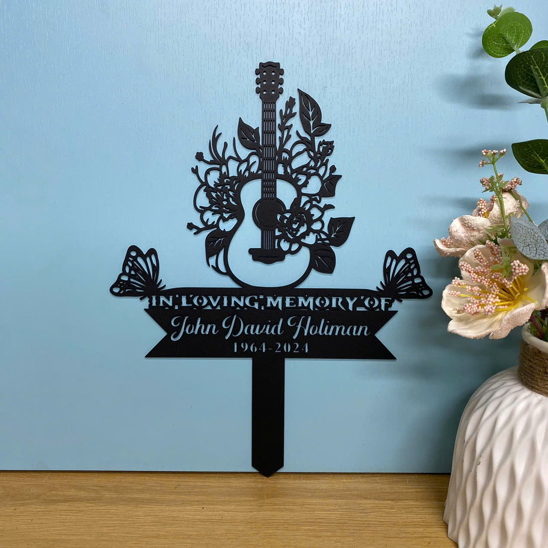 Custom Guitarist Memorial Metal Stake, Personalized Name Floral Guitar Metal Garden Stake, Dad Loss Remembrance Yard Sign, Guitar Lover Sympathy Sign