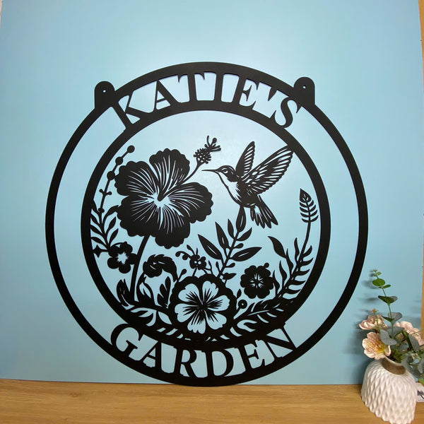 Custom Hummingbird Flower Garden Metal Wall Art, Personalized Flower Garden Metal Name Sign, Bird With Flowers Monogram Metal Wall Sign Decor