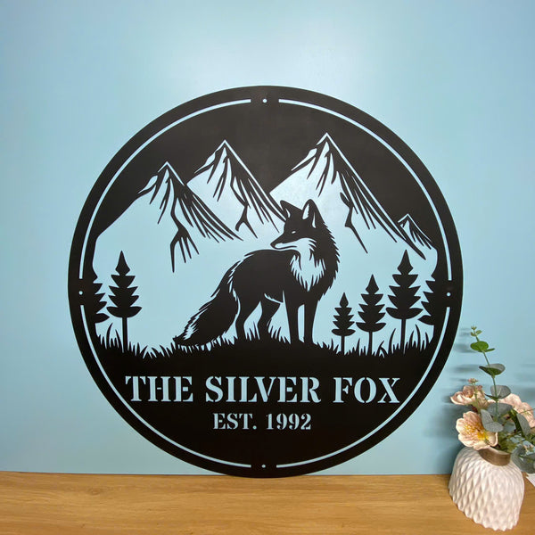 Custom Wild Fox Mountain Scene Metal Sign, Personalized Fox Metal Wall Art, Fox Wild Animal Metal Wall Hanging, Fox Monogram Laser Cut Metal Sign