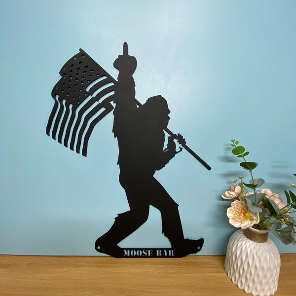 Custom Middle Finger Bigfoot With Us Flag Metal Sign, Personalized Walking Bigfoot Metal Wall Art, Funny Sasquatch Man Cave Metal Wall Hanging Decor