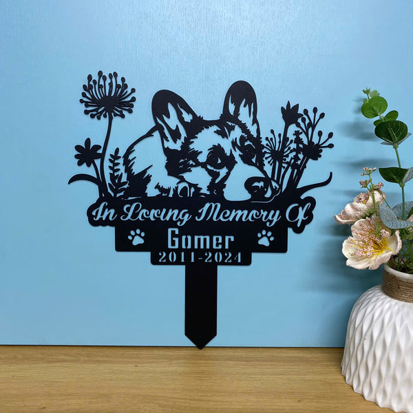 Personalized Corgi Dog Memorial Metal Stake, Custom Flowers Corgi Metal Yard Stake, Corgi Garden Stake, Pet Loss Grave Marker, Dog Remembrance Stake