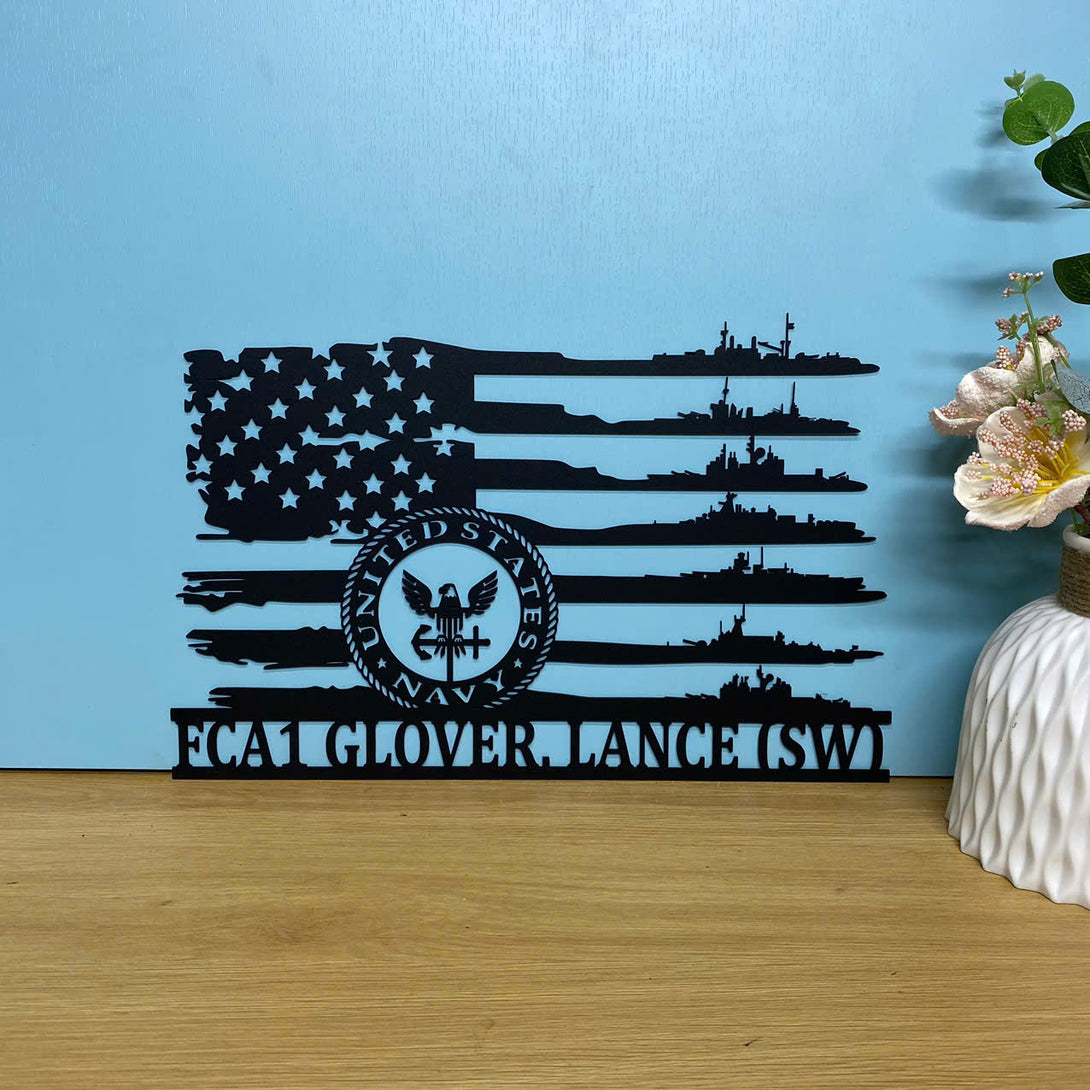 Personalized Us Flag Navy Ships Metal Sign, American Flag Navy Ship Metal Wall Decor, Navy Memorabilia Wall Art, Us Navy Veterans Metal Name Sign