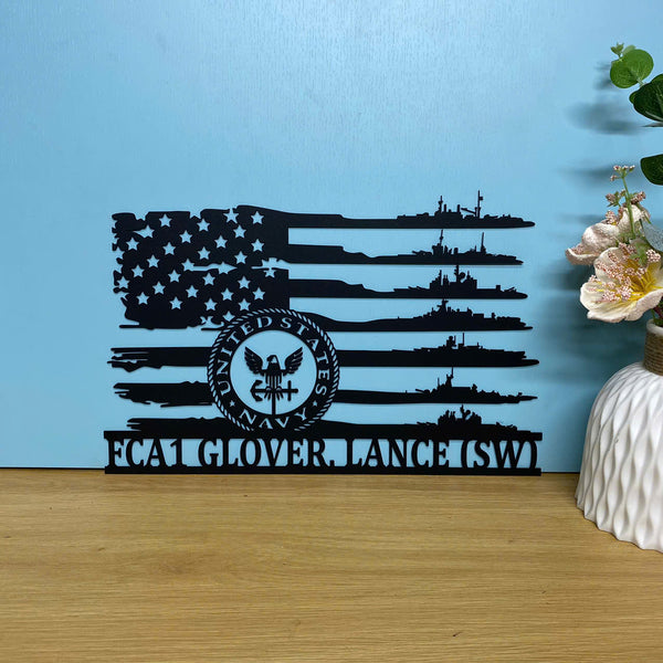 Personalized Us Flag Navy Ships Metal Sign, American Flag Navy Ship Metal Wall Decor, Navy Memorabilia Wall Art, Us Navy Veterans Metal Name Sign
