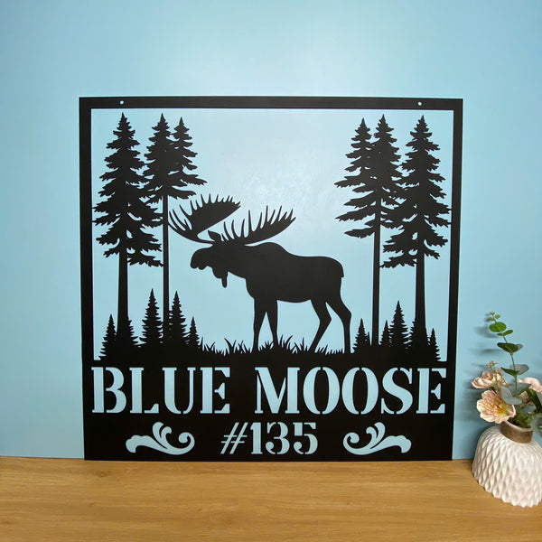 Custom Forest Moose Metal Wall Art, Personalized Wild Moose Hunting Metal Name Sign, Mountain Moose Cabin Lodge Man Cave Metal Sign