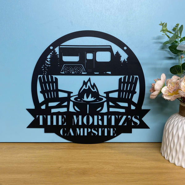 Personalized Fire Pit Camping Monogram Metal Wall Art, Custom Family Name Camping Van Rv Trailer Metal Sign, Happy Camper Metal Wall Sign Decor