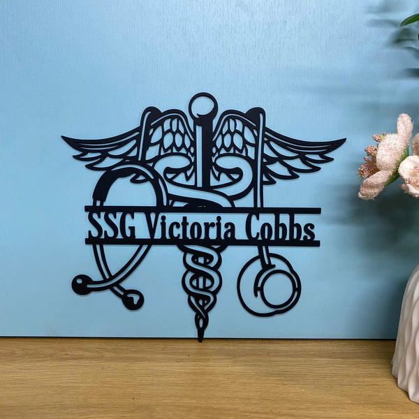 Custom Medical Symbol Caduceus Metal Wall Art, Personalized Nurse Doctor Name Metal Sign, Registered Nurse Logo Metal Wall Sign Decor