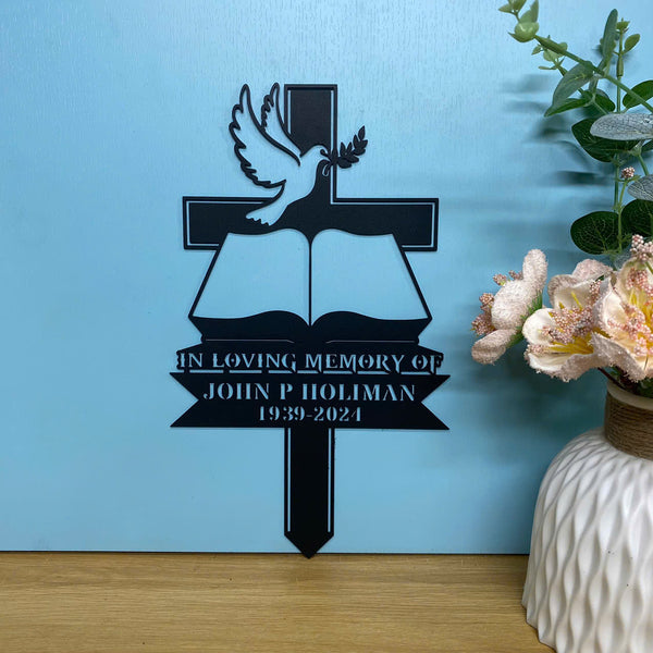 Personalized Dove With Bible Cross Memorial Metal Stake, Custom Cross Grave Marker Metal Garden Stake, Memorial Cross Metal Garden Sign, Sympathy Sign