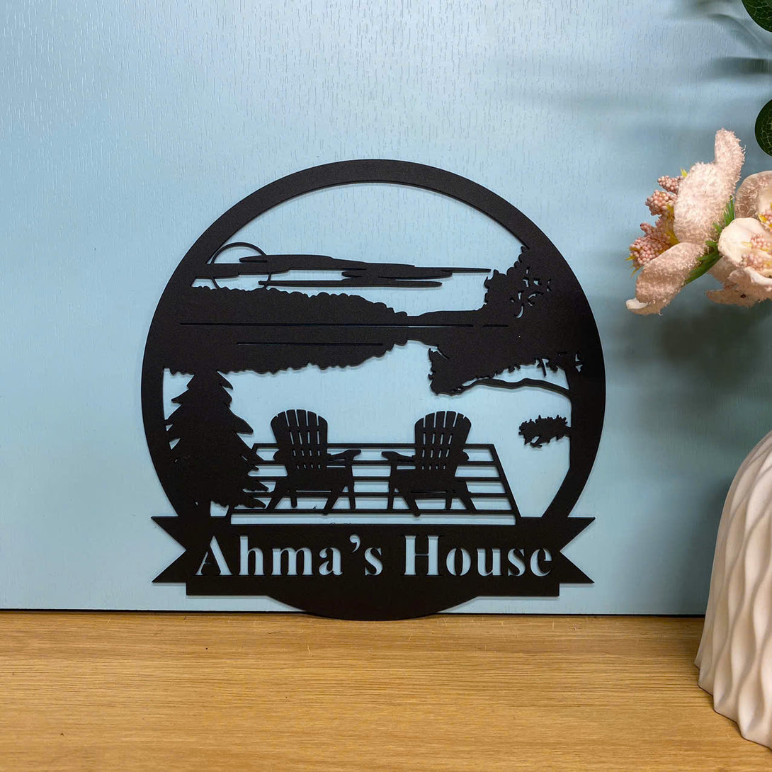 Custom Forest Lake House Metal Wall Art, Personalized Lake House Family Name Metal Sign, Forest Lake Scene Cabin Laser Cut Metal Sign