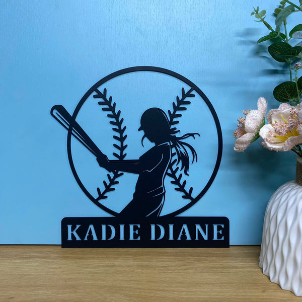 Custom Girl Baseball Player Metal Wall Art, Personalized Softball Player Metal Name Sign, Baseball Sports Metal Sign, Baseball Lovers Metal Wall Sign