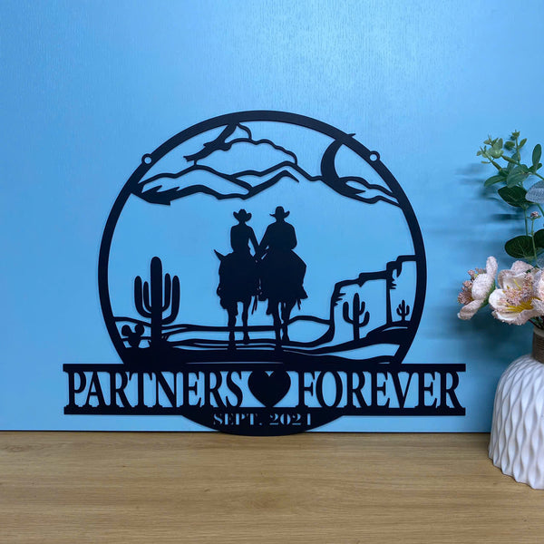 Custom Cowboy Cowgirl Couple Riding Horse Metal Sign, Personalized Cowboy Family Name Metal Sign, Desert Cactus Western Cowboy Metal Wall Art Decor