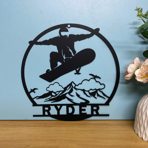 Custom Mountain Snowboarding Metal Wall Art, Personalized Snowboarding Metal Name Sign, Custom Snow Skiing Sports Metal Wall Sign
