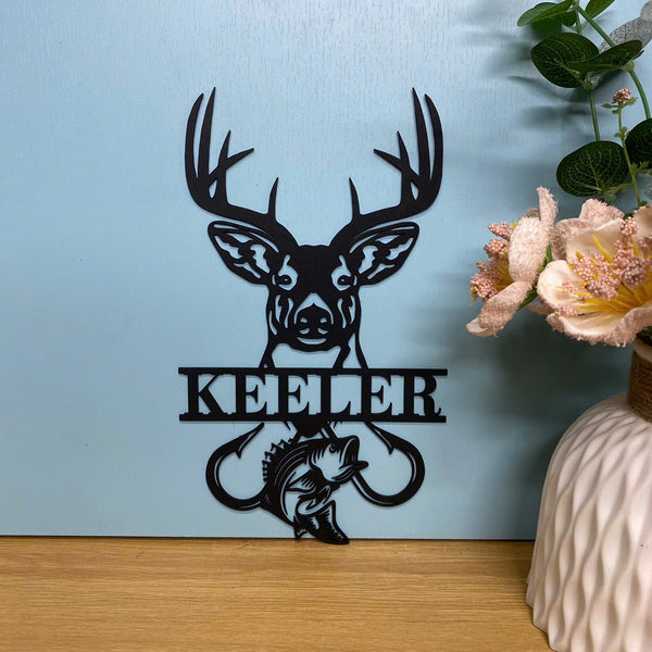 Custom Fishing Deer Hunting Metal Wall Art, Personalized Hunting Fishing Hunter Metal Name Sign, Deer And Fish Hunting Metal Wall Sign Cabin Decor