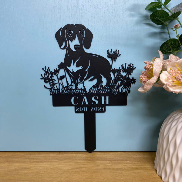 Custom Dachshund Memorial Metal Garden Stake, Dog Loss Metal Grave Marker, Personalized Dog With Flowers Memorial Stake, Dog Sympathy Metal Yard Sign