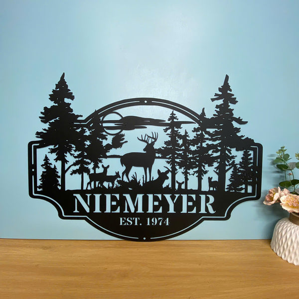 Personalized Family Name Forest Deer Metal Sign, Custom Wildlife Metal Wall Art, Deer Ranch Metal Hanging Sign, Custom Mountain Deer Metal Farm Sign